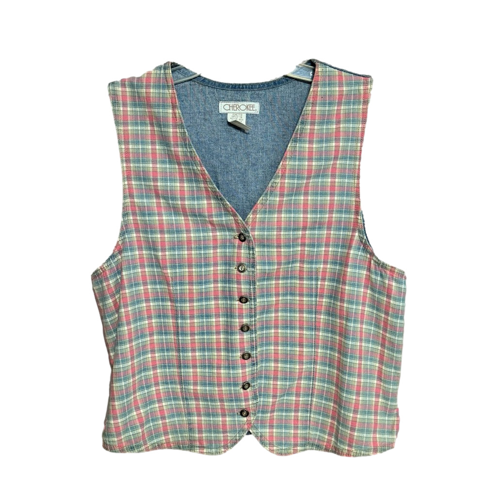 Vintage 90's Cherokee Plaid Print & Denim Button Up Vest 100% Cotton Size Small